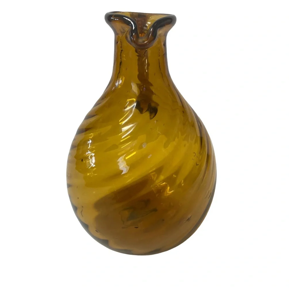 Small Vintage Handblown Swirl Amber Glass Jug Vase applied handle bubbles 4.5